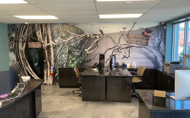 Alice in Wonderland-themed architectural film office mural