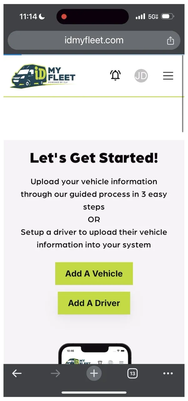 IDMyFleet app: Let's Get Started screen with Add a Vehicle and Add a Driver