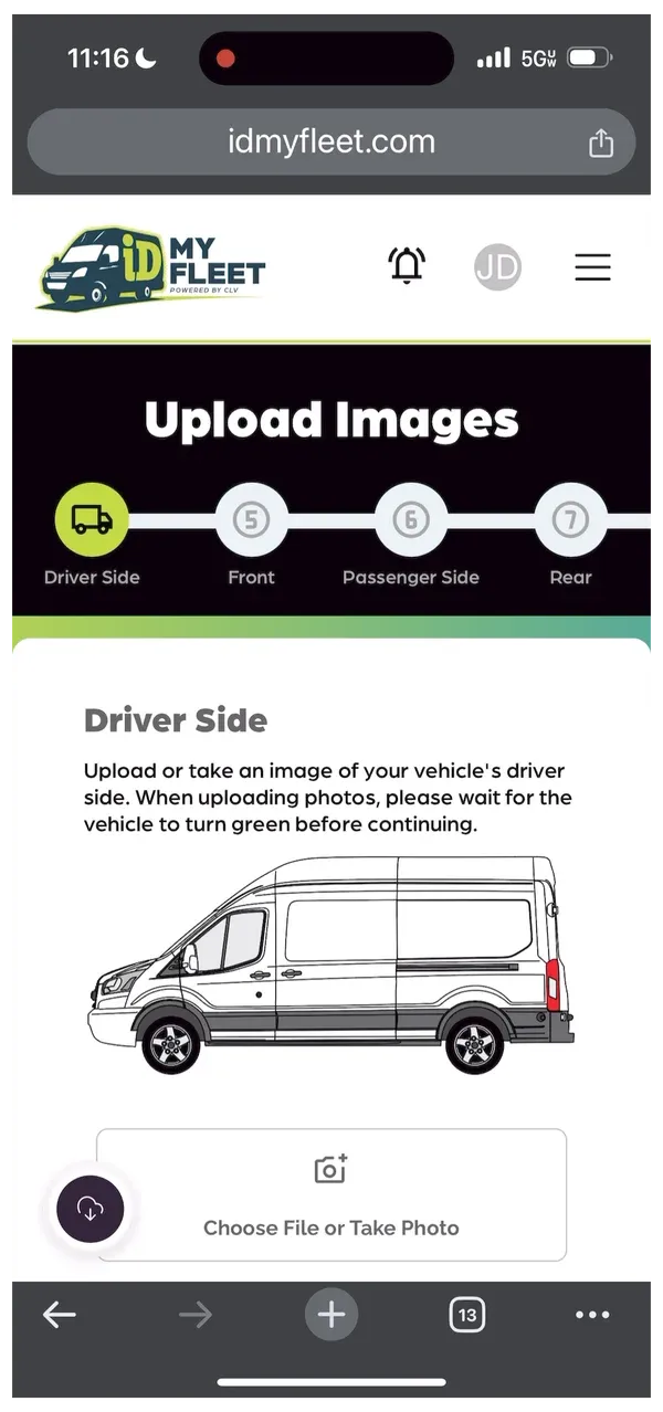 IDMyFleet app: Upload Images screen for each side of the vehicle