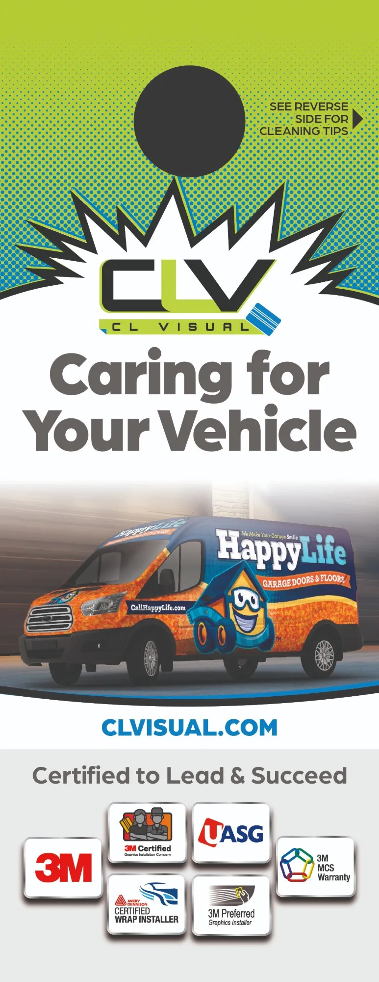 CL Visual care guide card, front: Caring for Your Vehicle