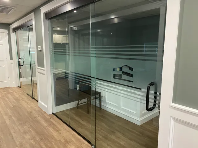 Frosted glass distraction banding, office door