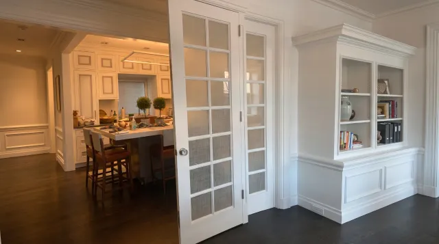 Linen-textured privacy film on a paned door