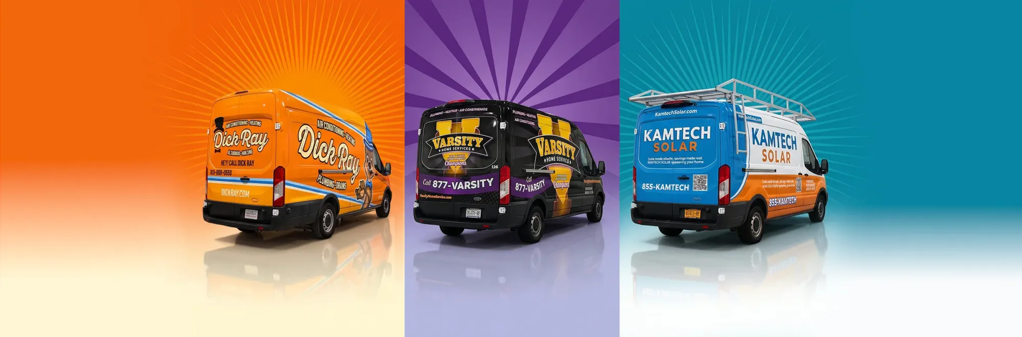 Vehicle wraps by CL Visual for Dick Ray, Varsity Home Services and Kamtech Solar