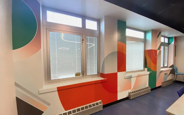 Colorful geometric architectural film hallway