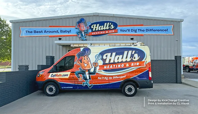 Hall's Heating & Air van and building signage