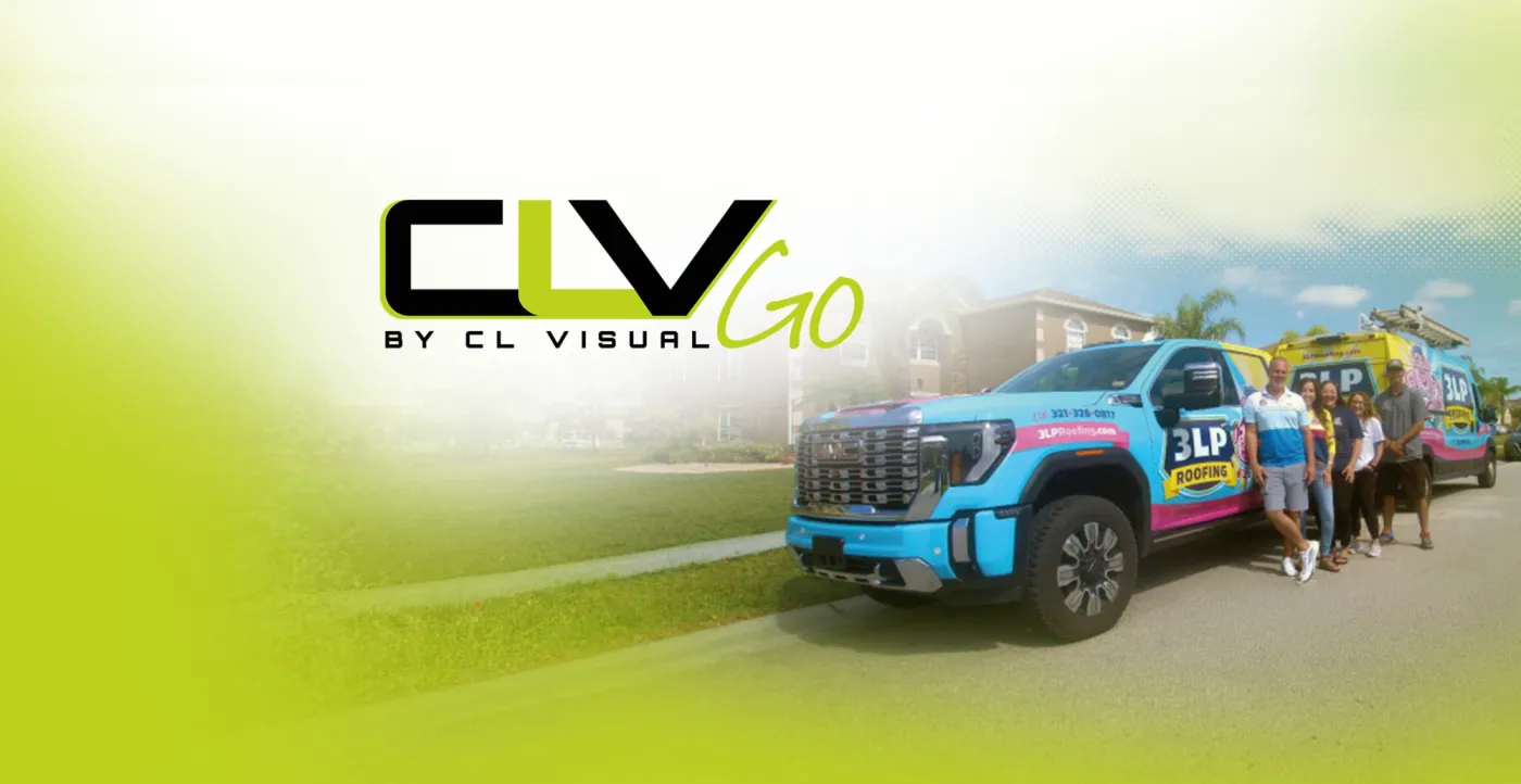 CLVGo by CL Visual, over a photo of a wrapped 3LP Roofing fleet truck and team