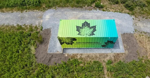 Aerial view of the wrapped Environmental Education Center container
