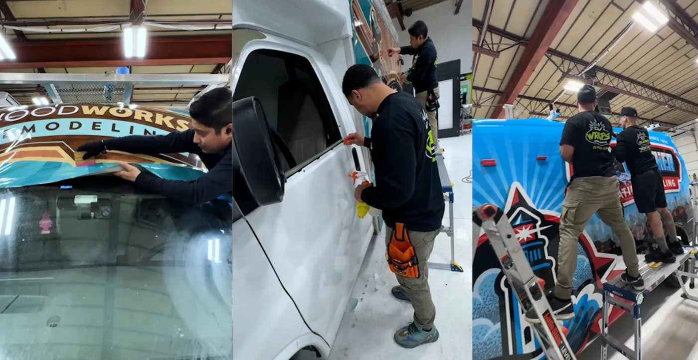 CL Visual installers applying vehicle wraps — windshield trim, door panel and a two-person team finishing a fleet wrap