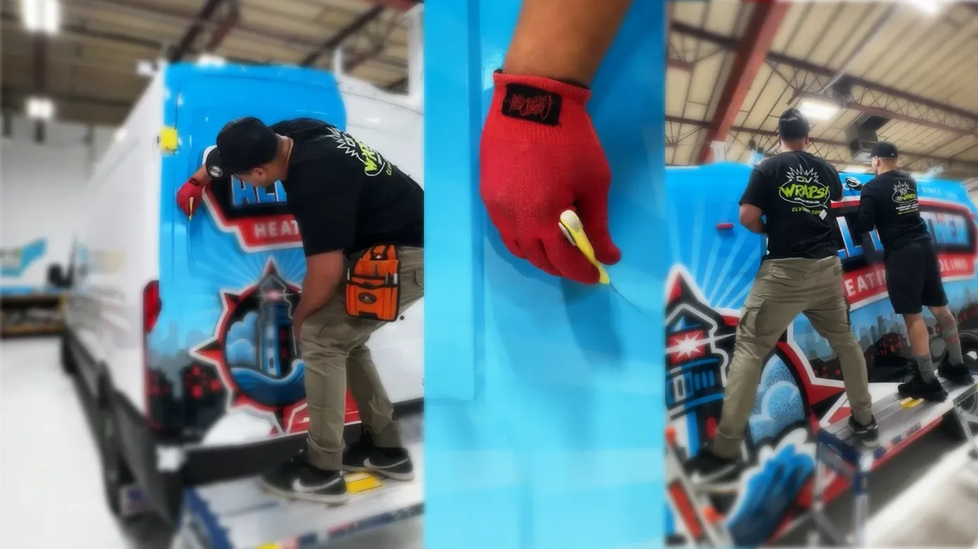 CL Visual certified installers trimming an All Weather Heating & Cooling van wrap in the Copiague shop
