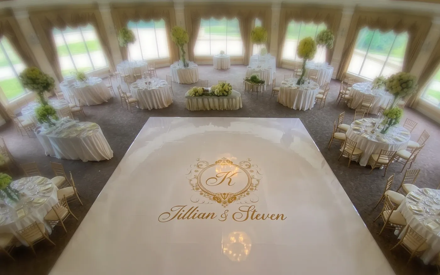 Custom printed monogram dance-floor wrap for Jillian & Steven's wedding, installed by CL Visual