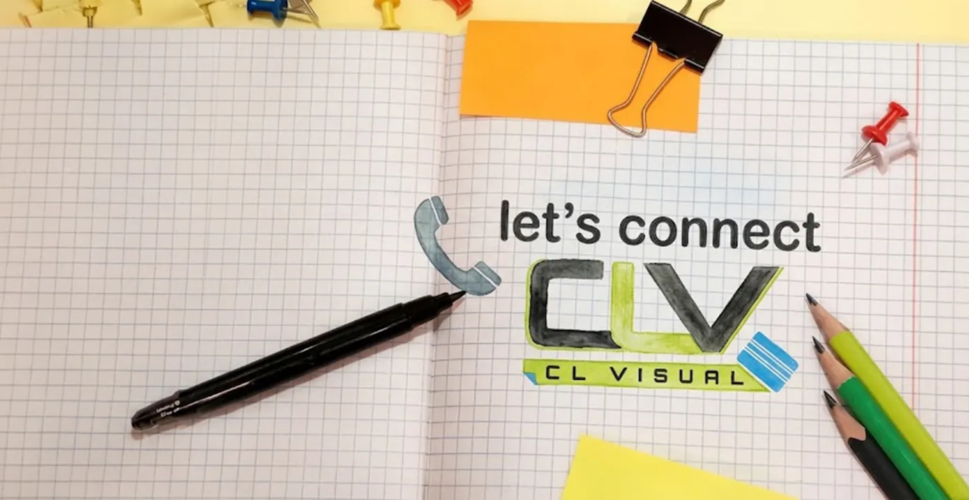 A hand-drawn notebook illustration reading 'let's connect' with the CL Visual logo