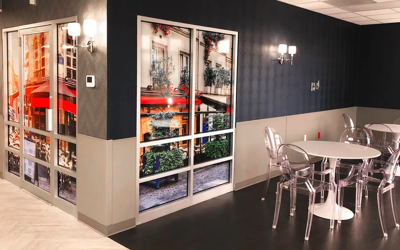 Parisian café window graphics on interior glass doors
