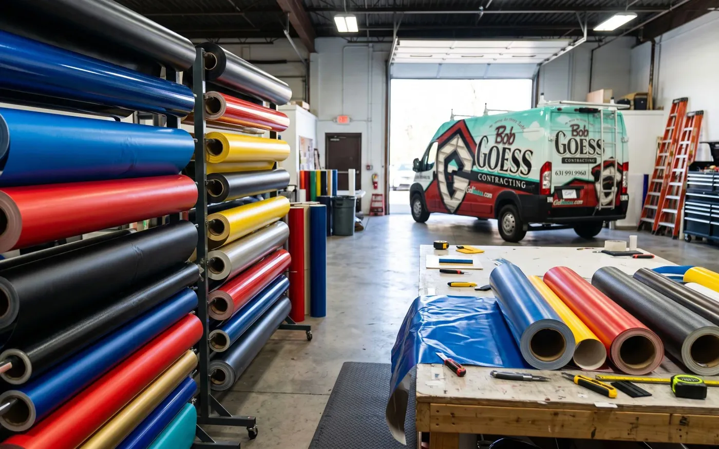 Rolls of colored wrap vinyl in the CL Visual shop, with a wrapped Bob Goess Contracting van in the bay