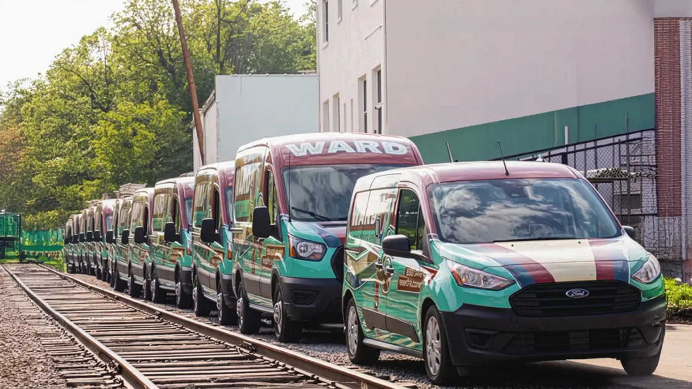 Ward Plumbing fleet of wrapped vans lined up beside railroad tracks