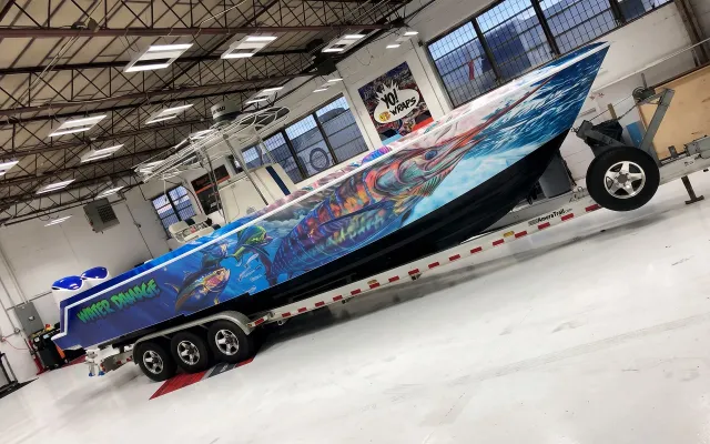 Water Damage full-hull fishing boat wrap
