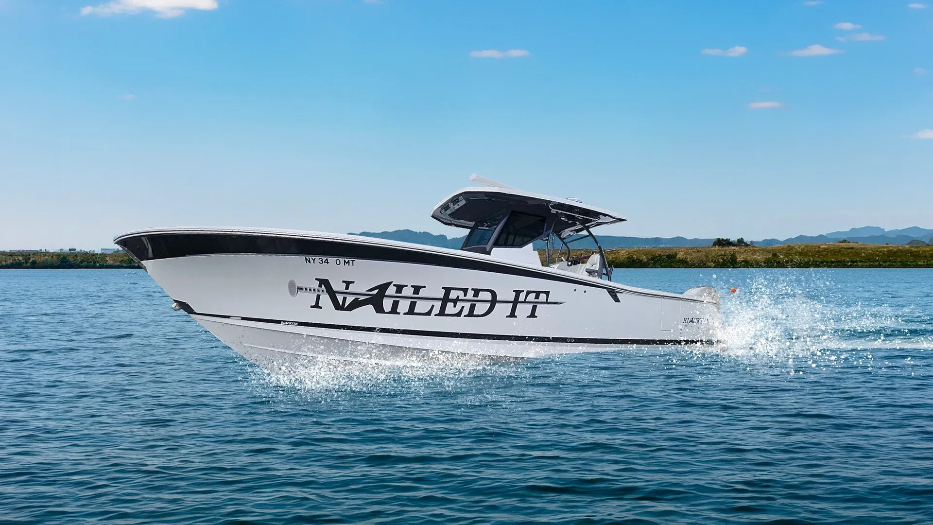 Nailed It boat lettering on a Blackfin center console by CL Visual